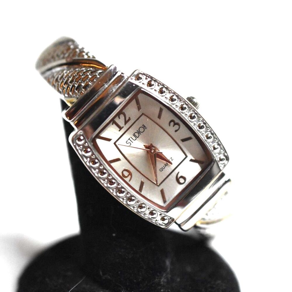 Stunning Studio Silver Tone Engraved Cuff Quartz New Battery Works Great Watch
